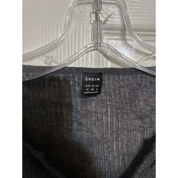 Shein Charcoal Grey Butterfly Graphic Ribbed Crop Top Long Bell Sleeve M - Picture 2 of 3